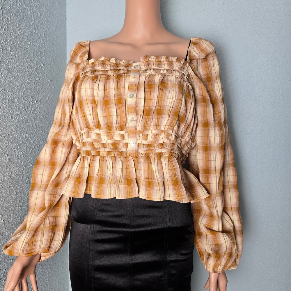 Baevely Plaid Smocked Back Peplum Blouse Tan Square Neck Puff‎ Sleeve Large